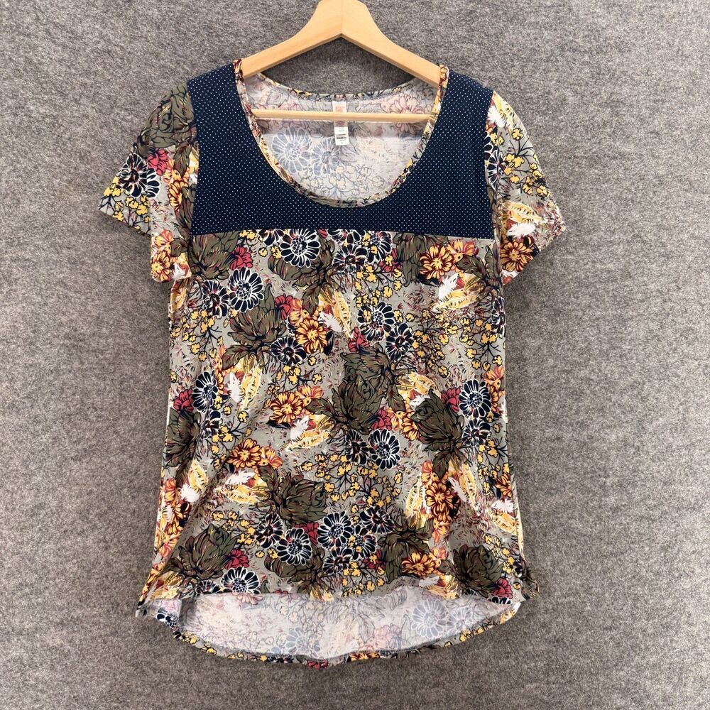 LulaRoe T-Shirt Women S Small Gray Floral Short Sleeve Round Neck Pullover
